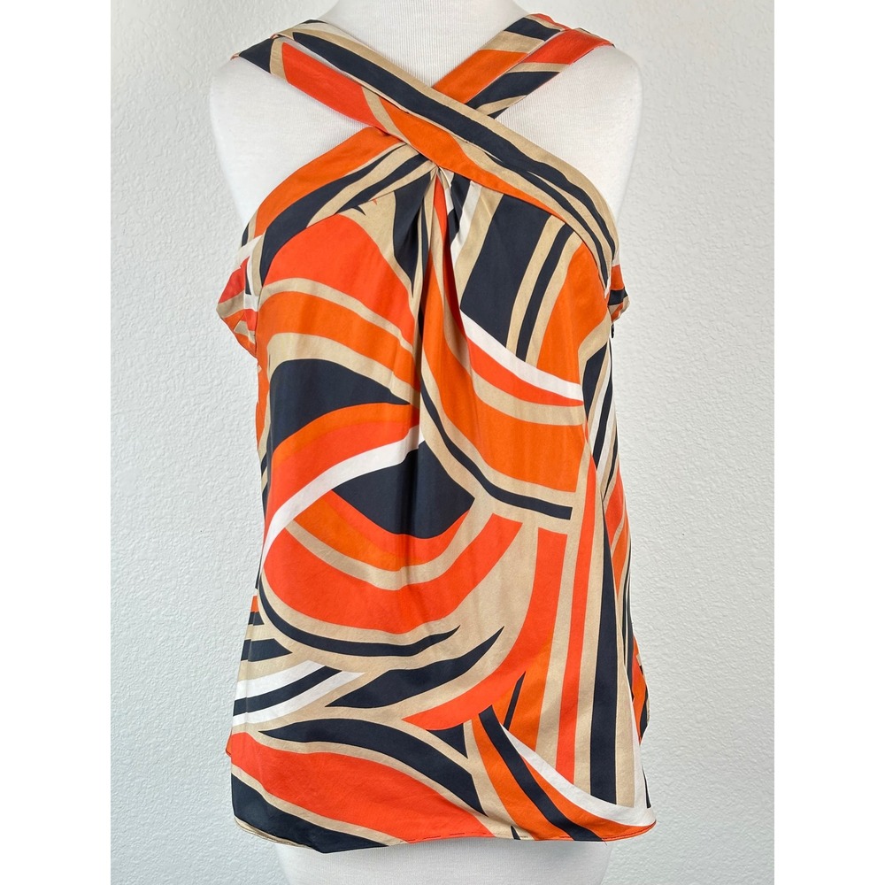 100% Silk Cross Front Halter Blouse Orange Black Geometric Print Draped Top 12